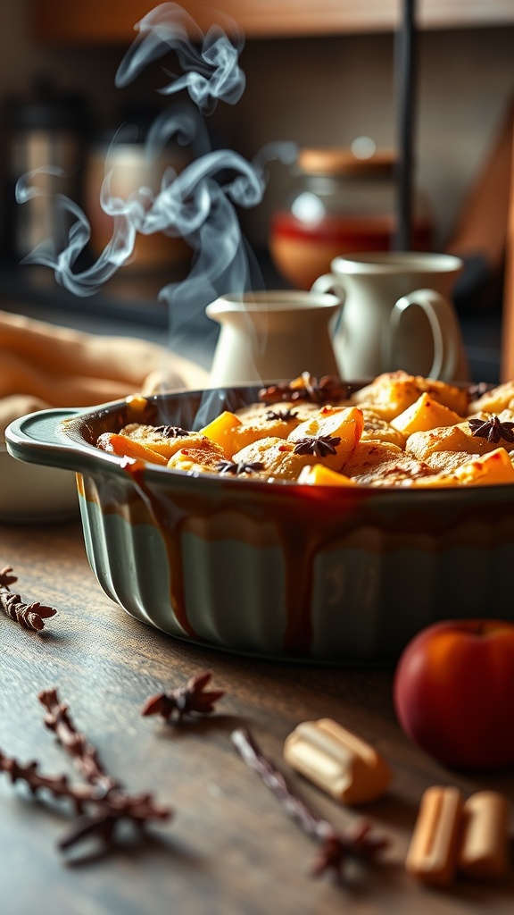 A delicious spiced peach cobbler with rum, served in a baking dish, exuding warm aromas.