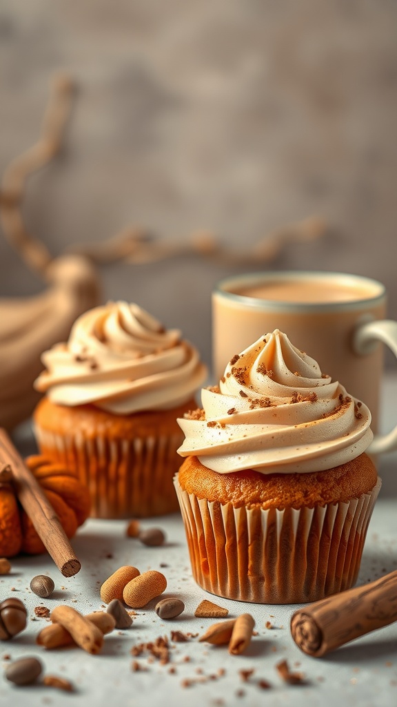 Spiced pumpkin latte cupcakes with cream frosting and coffee