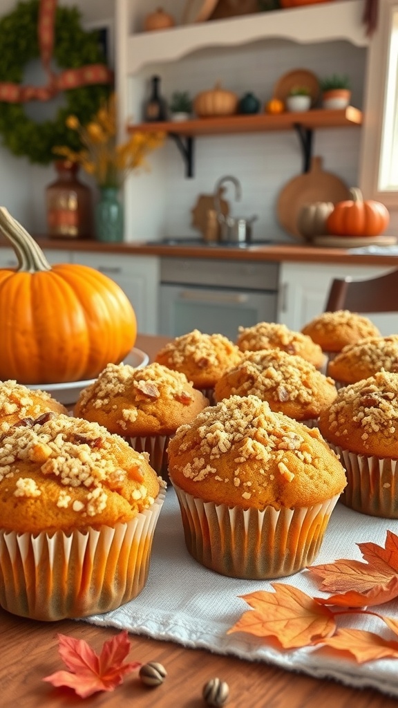 Spiced pumpkin muffins topped with streusel on a wooden table with autumn leaves.