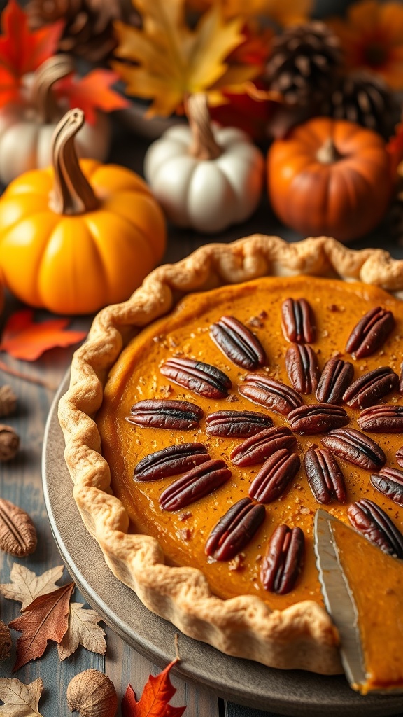 A Spiced Pumpkin Pecan Pie topped with pecans, surrounded by autumn decorations.