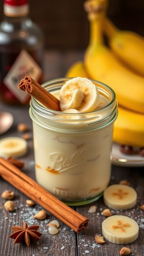 Delicious Spiced Rum Banana Pudding in a jar with bananas and decoration around it.