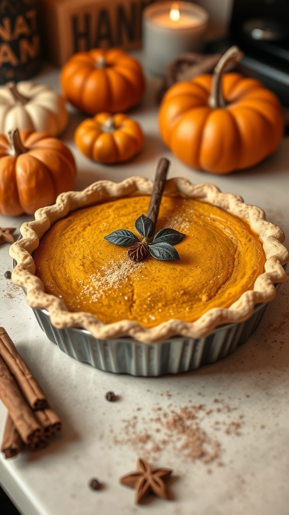 A delicious spiced rum pumpkin pie with a smooth orange filling and decorative cinnamon sticks on top.