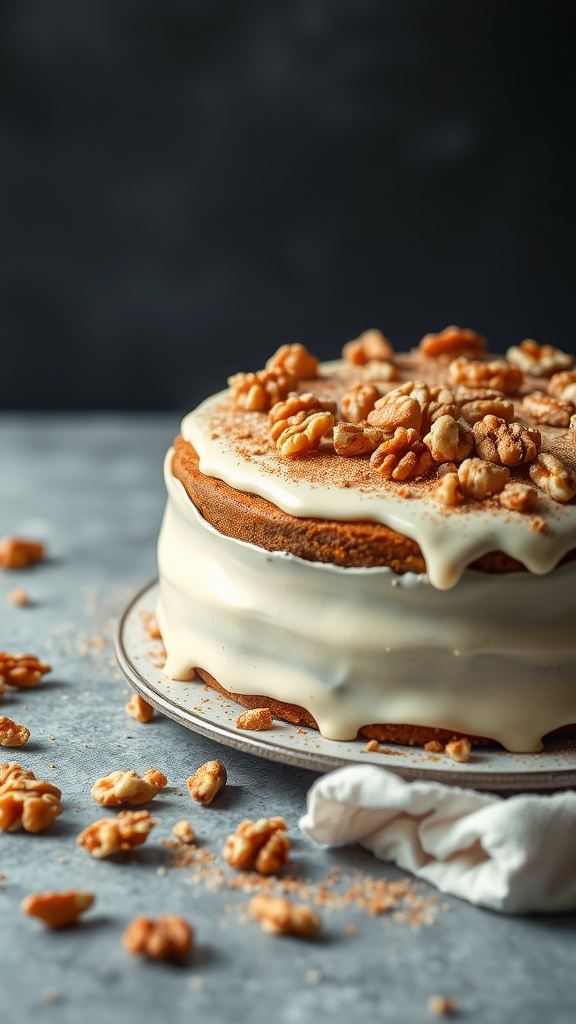 A beautifully decorated spiced walnut carrot cake topped with walnuts and cream cheese frosting.