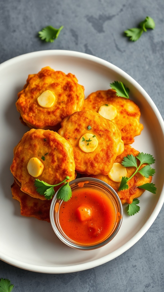 Delicious spicy corn and potato fritters served with dipping sauce.