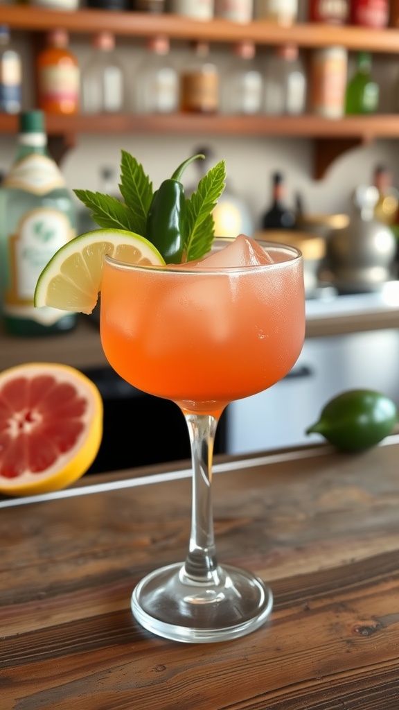 A refreshing Spicy Grapefruit Paloma cocktail garnished with a lemon and jalapeño slice