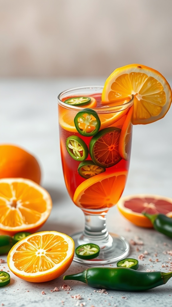 A refreshing glass of Spicy Jalapeño Sangria garnished with citrus slices.