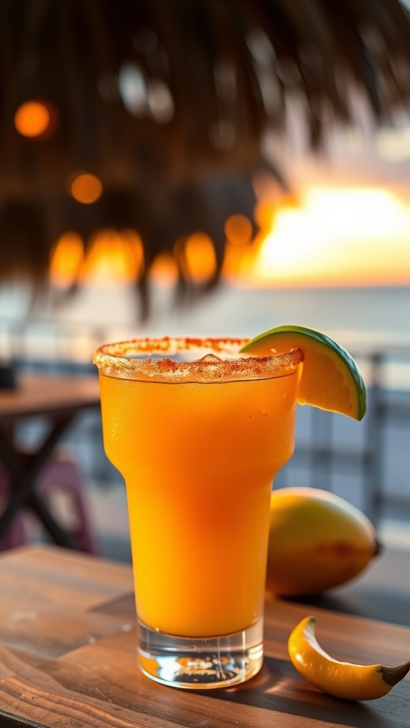 A refreshing Spicy Mango Margarita with a vibrant orange color, garnished with a slice of lime and jalapeño.