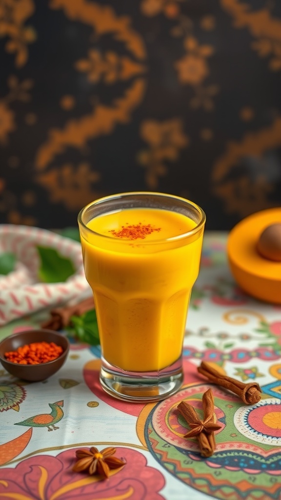 A vibrant smoothie made with mango and turmeric, served in a glass.