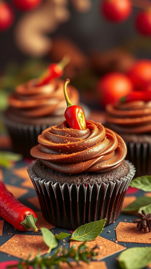 Spicy Mexican Chocolate Cupcakes with chili pepper decoration