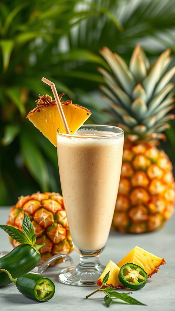 A refreshing Spicy Pineapple Jalapeño Shake in a glass, garnished with pineapple and jalapeño slices.