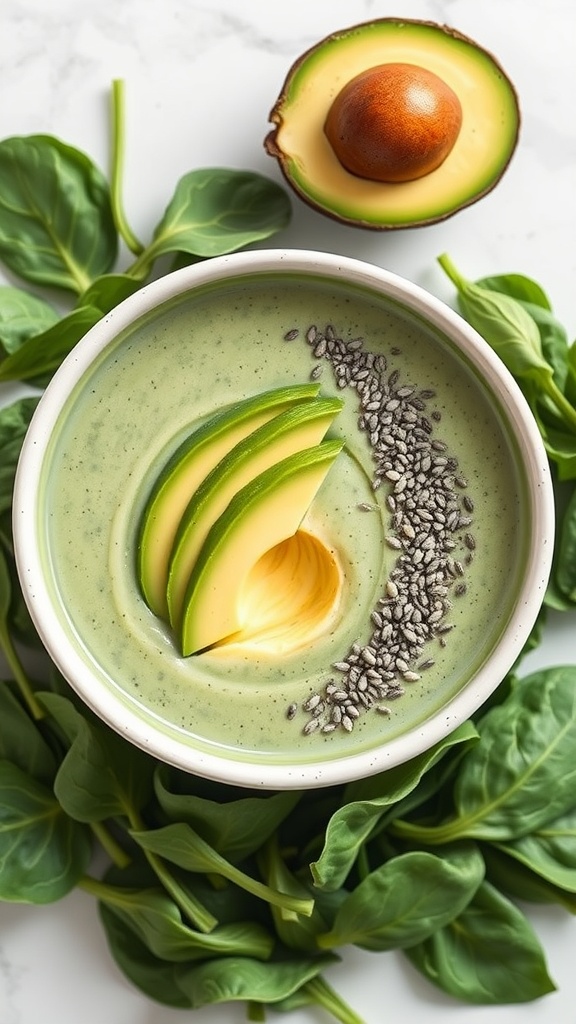 Spinach and avocado smoothie in a bowl