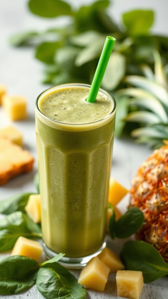 A refreshing green smoothie with spinach and pineapple served in a glass.