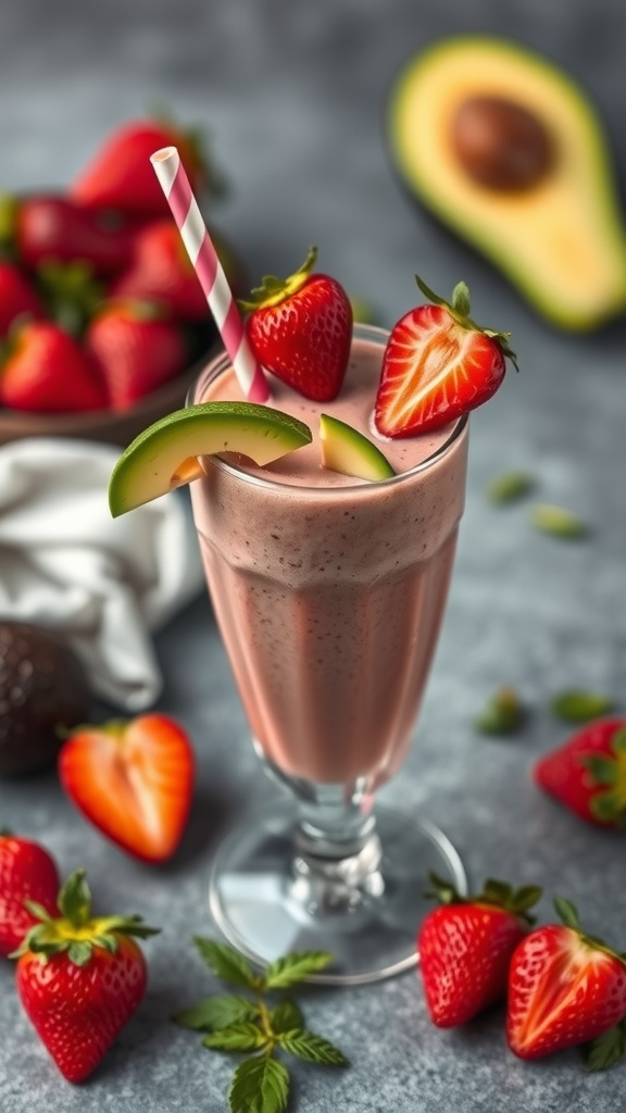 A refreshing strawberry avocado smoothie in a glass, garnished with fresh strawberries and avocado slices.