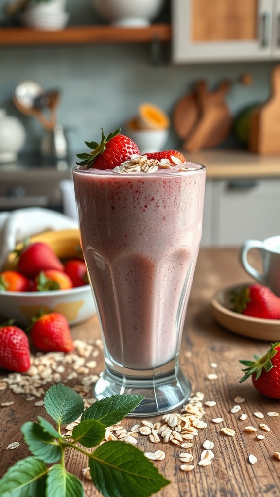 A refreshing strawberry banana smoothie with oats in a glass