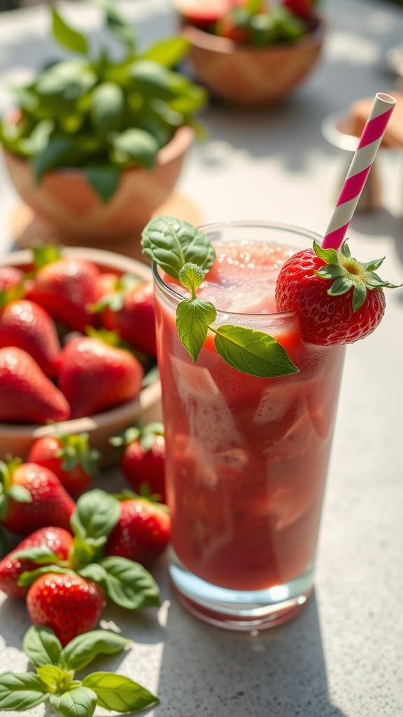 A refreshing strawberry basil smoothie in a tall glass with a straw, garnished with a basil leaf.