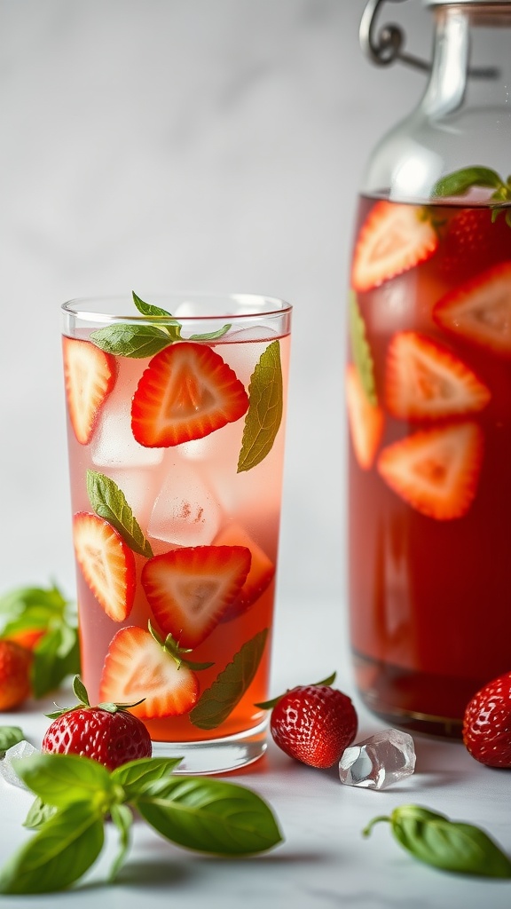 A refreshing glass of Strawberry Basil Sangria garnished with fresh strawberries and basil leaves.