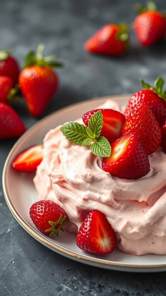 A delicious serving of strawberry cream cheese clouds topped with fresh strawberries and mint