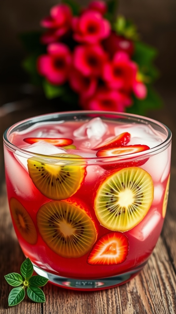 Refreshing strawberry kiwi punch with slices of fruit and mint leaves.