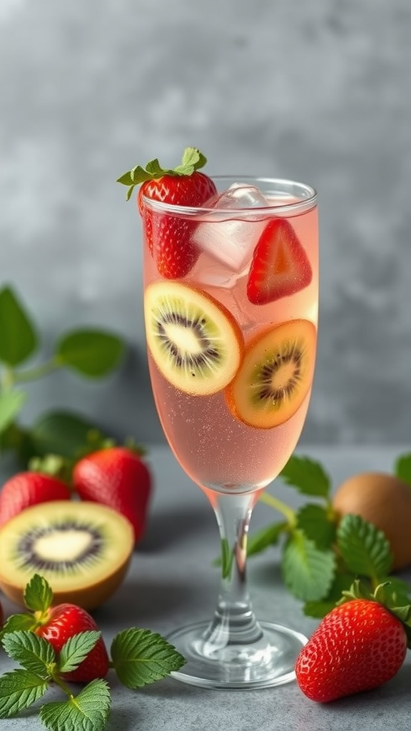 A refreshing Strawberry Kiwi Spritz mocktail garnished with slices of strawberry and kiwi.