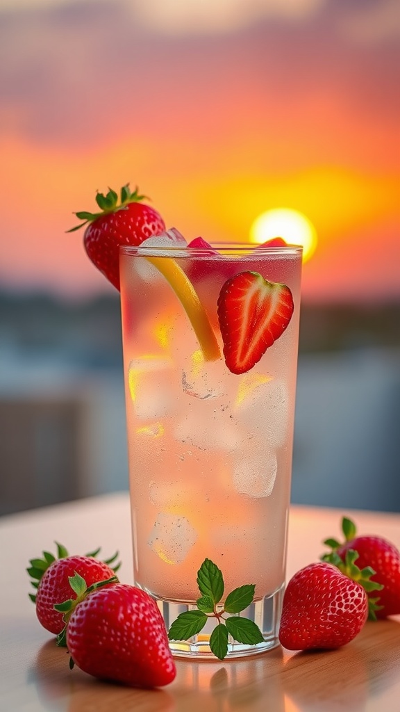 A refreshing Strawberry Lemonade Spritzer served in a glass with ice, garnished with fresh strawberries and lemon slices.