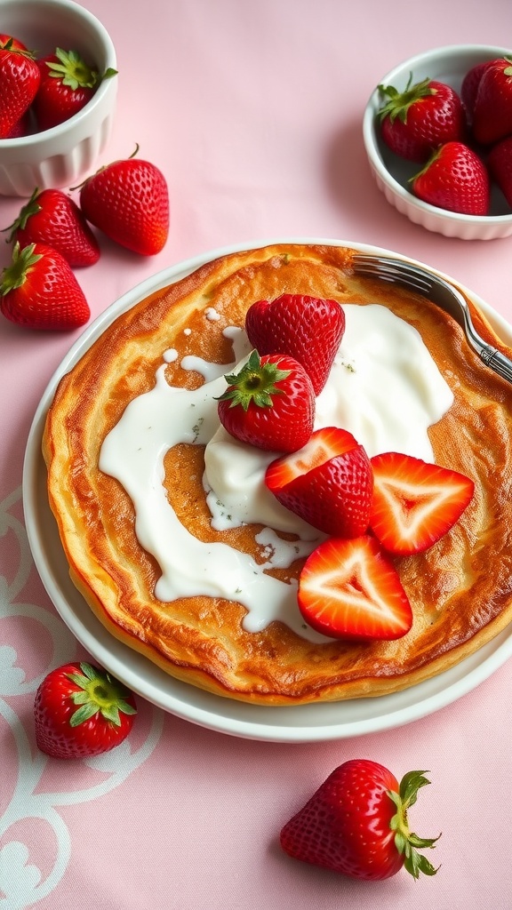 Delicious Strawberry Ricotta Dutch Baby Pancake served with fresh strawberries.