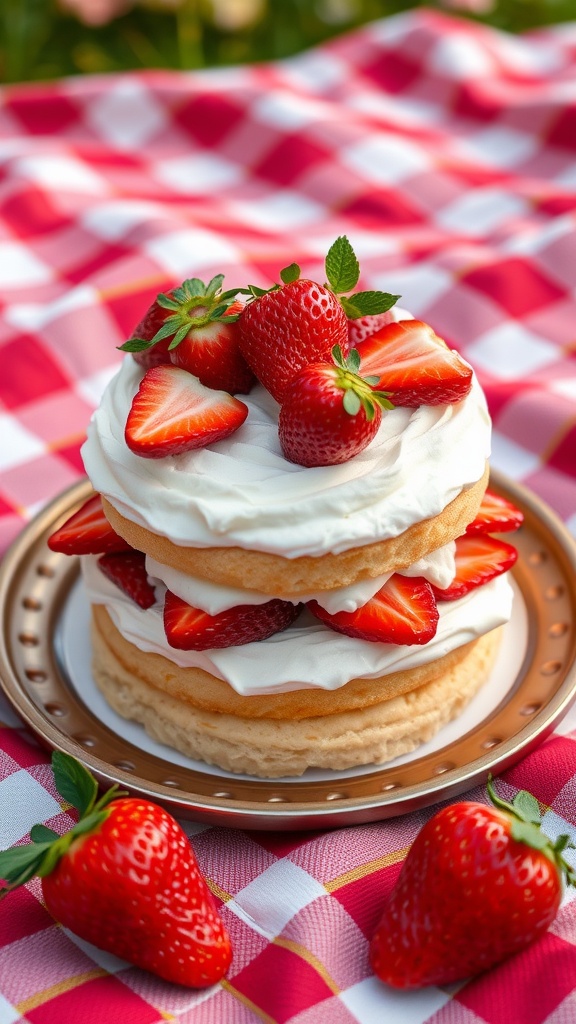 Delicious strawberry shortcake with layers of cake, whipped cream, and fresh strawberries