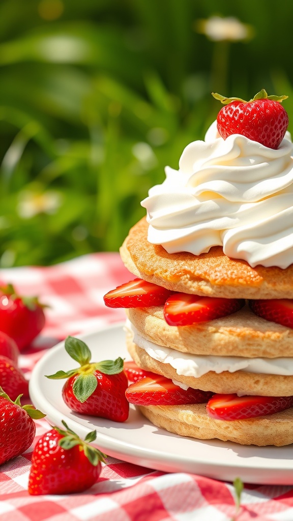 A beautifully layered strawberry shortcake with whipped cream, garnished with fresh strawberries.