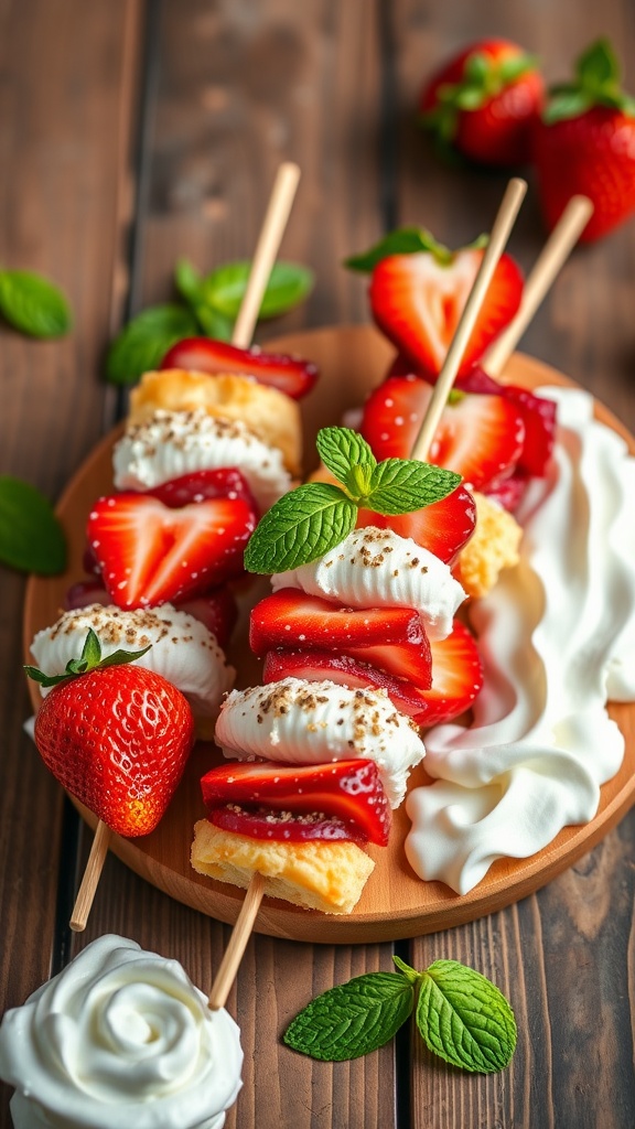 Delicious strawberry shortcake skewers with whipped cream and mint garnish.