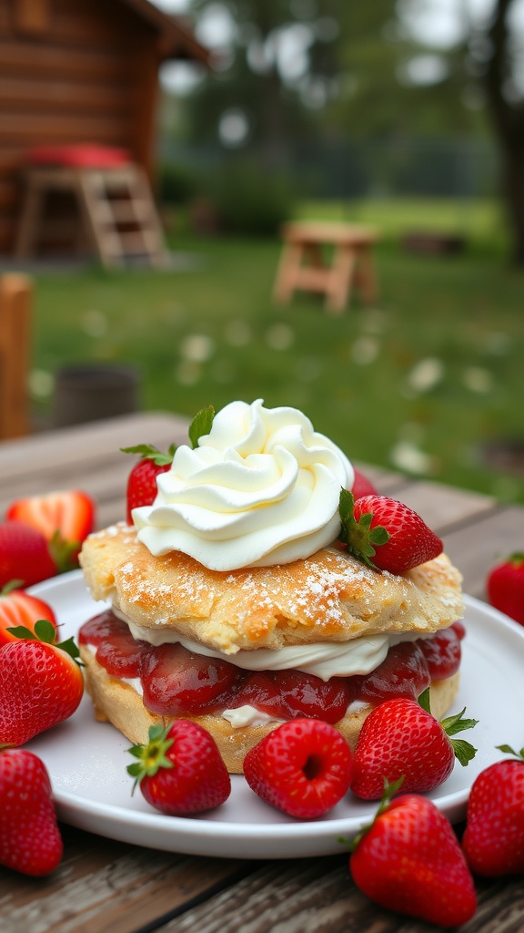 Delicious strawberry shortcake with whipped cream and fresh strawberries.