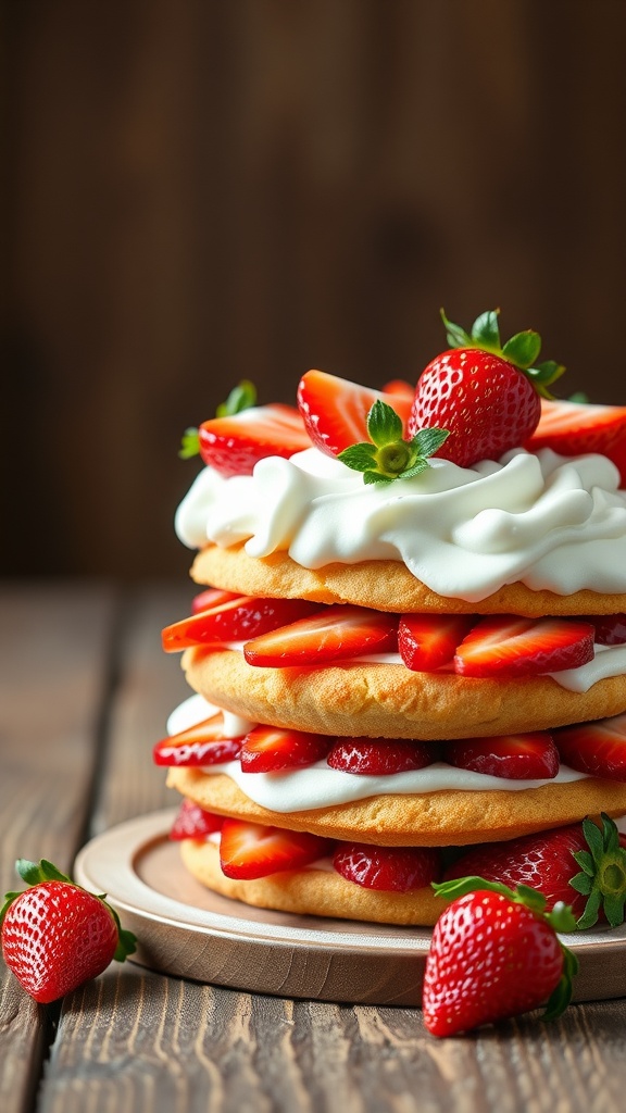 A delicious strawberry shortcake layered with whipped cream and fresh strawberries.