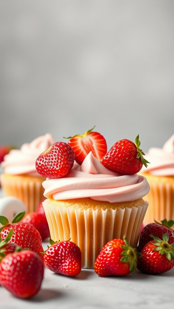 Strawberry Vanilla Cupcakes with fresh strawberries on top