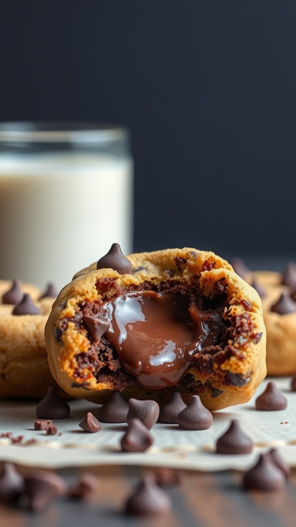 Freshly baked stuffed chocolate chip cookies with melted chocolate center