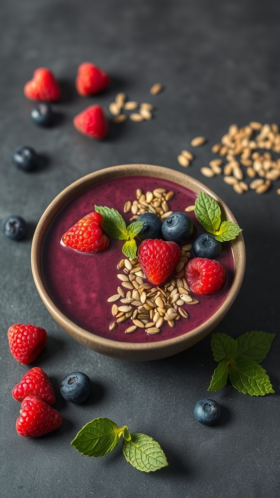 A bowl of acai smoothie topped with fresh berries and granola