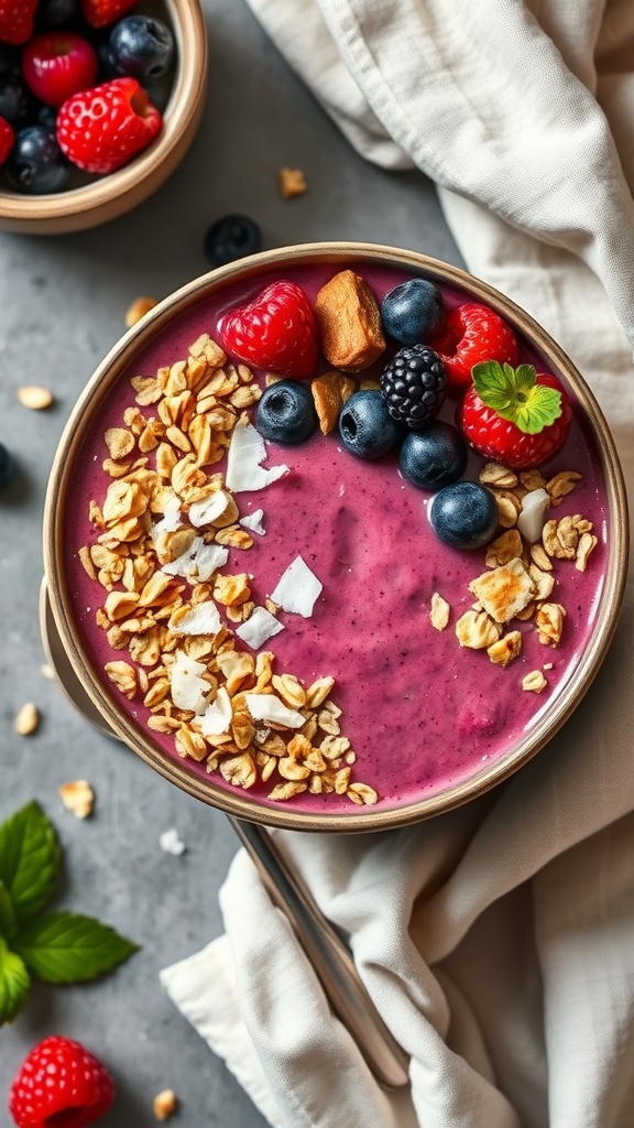 A colorful Superfood Acai Bowl topped with fruits and granola.