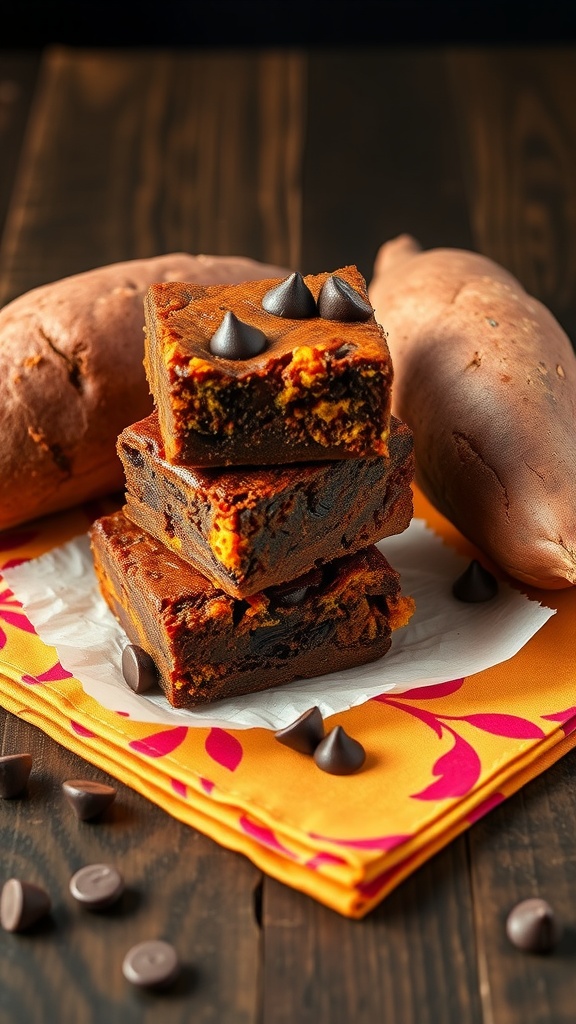 Delicious sweet potato brownies stacked with chocolate chips on top.