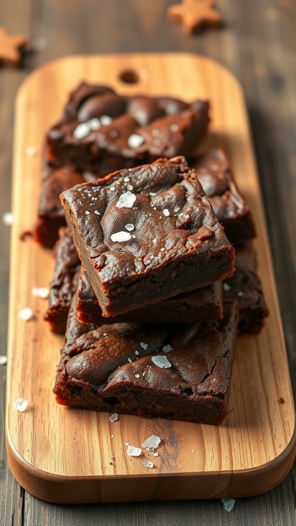 Delicious sweet potato brownies stacked on a wooden board