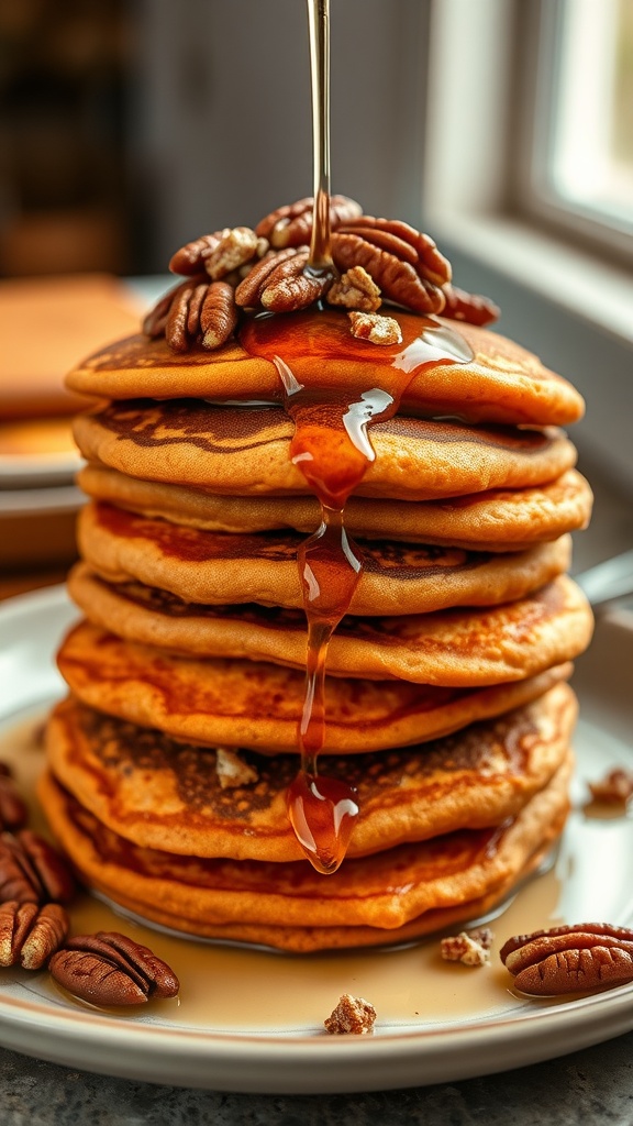 Fluffy sweet potato pancakes stacked with syrup and pecans on top.