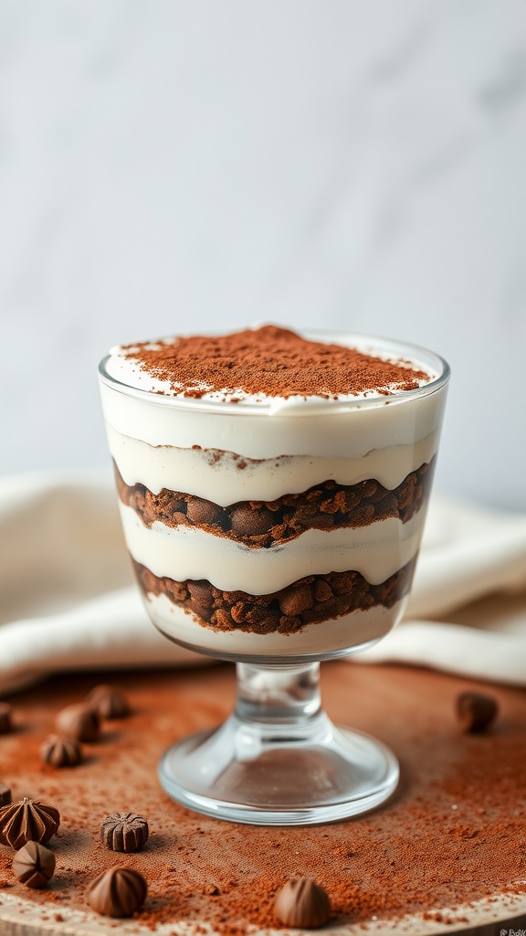 A glass dish filled with layers of creamy tiramisu topped with cocoa powder