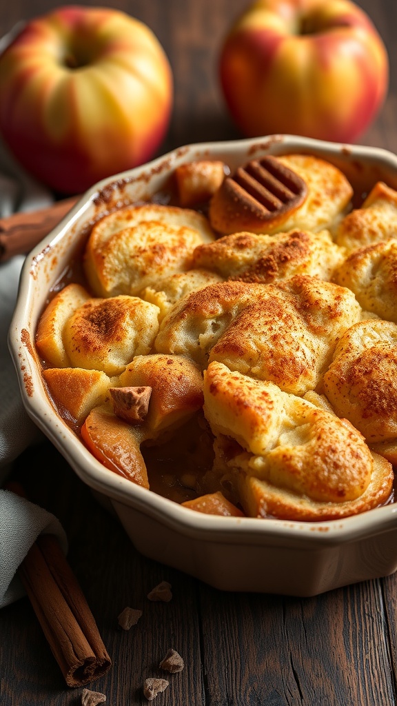 A warm traditional apple cobbler topped with a golden crust, served in a dish with fresh apples in the background.