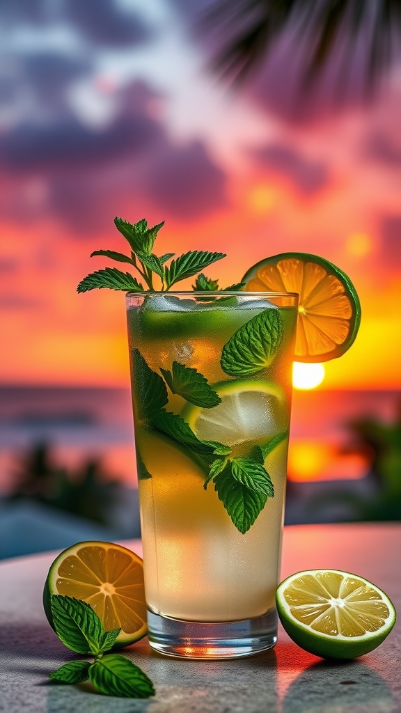 A glass of Tropical Breeze Mojito with mint and lime against a sunset backdrop.