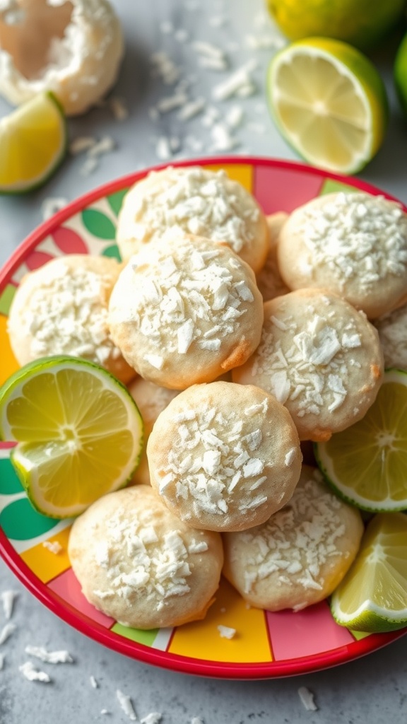 A colorful plate of Tropical Coconut Lime Cookies with lime halves.