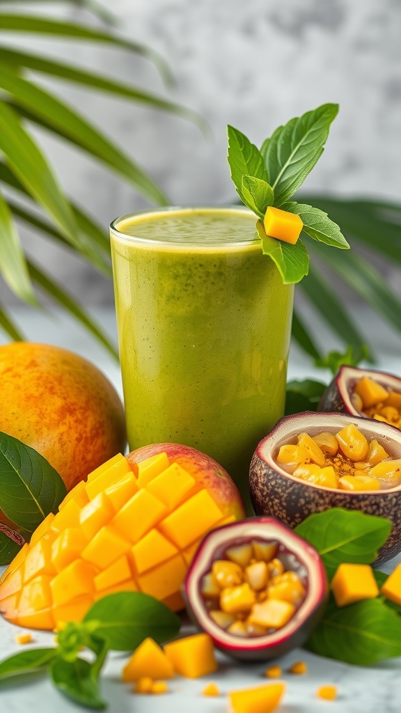 A vibrant tropical green protein shake with fresh fruits