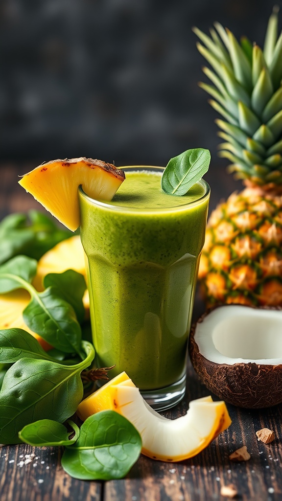 A refreshing tropical green smoothie made with spinach, pineapple, and coconut.