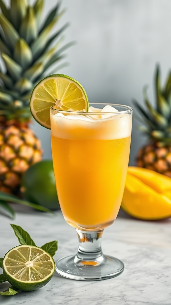 A refreshing Tropical Mango-Lime Cooler served in a glass with lime slices and mint leaves.