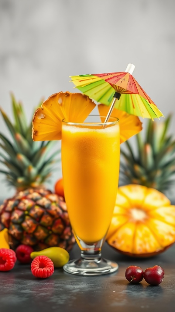 A refreshing tropical smoothie with mango and pineapple, garnished with a colorful umbrella.