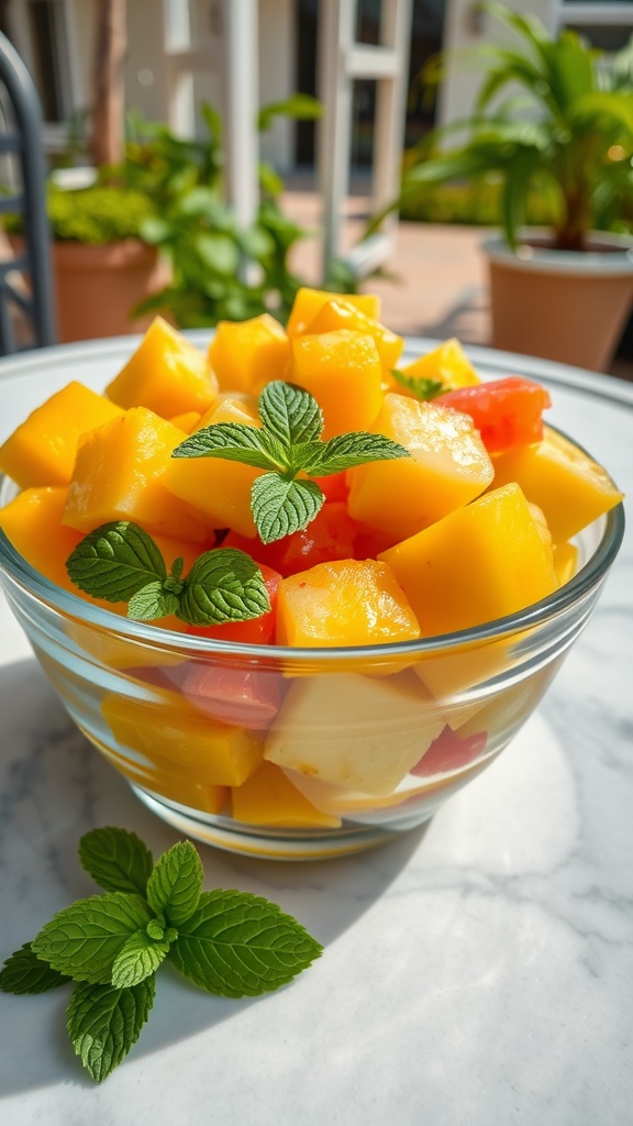 Tropical mango and pineapple fruit salad with mint leaves