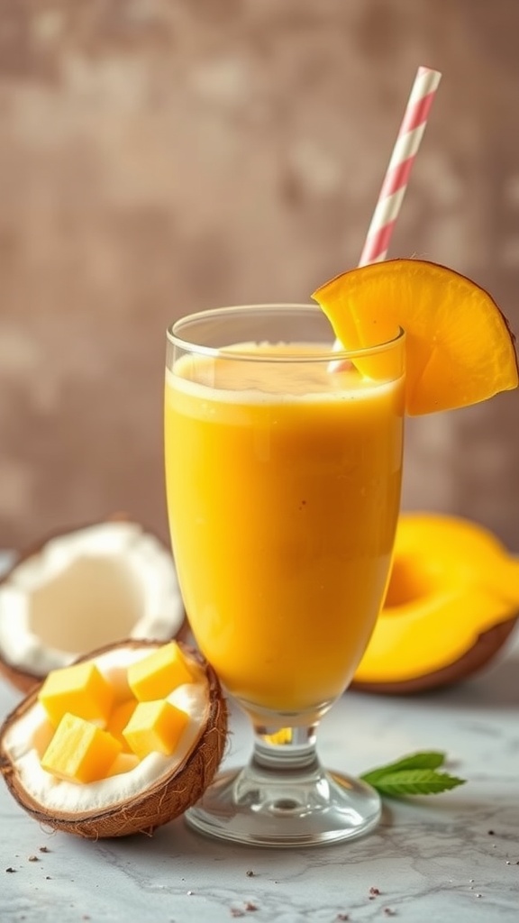 A refreshing mango and coconut smoothie served in a tall glass with a mango slice on the rim.