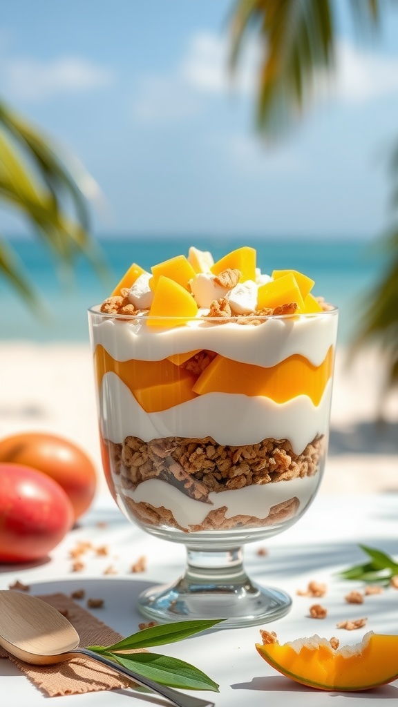 A colorful tropical mango coconut trifle with layers of mango, yogurt, granola, and whipped cream.