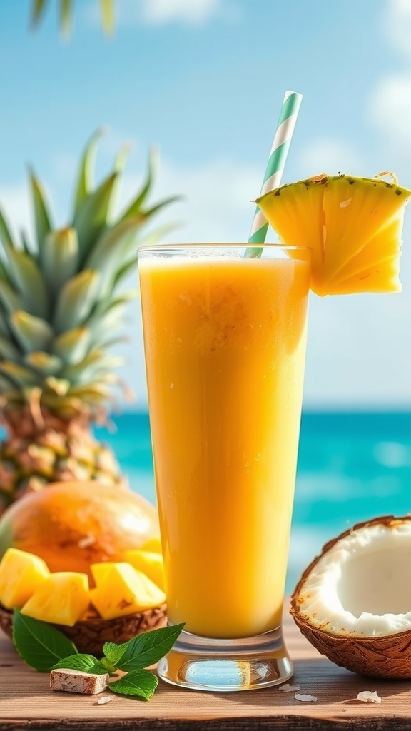A refreshing tropical mango pineapple smoothie in a glass with a straw, garnished with a pineapple slice.