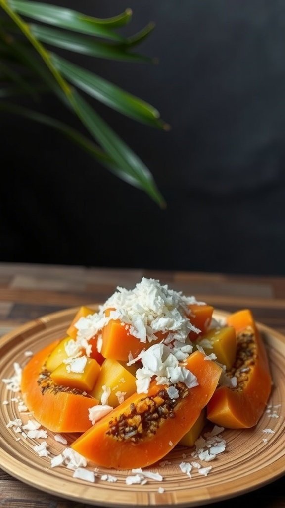 A vibrant tropical fruit salad featuring sliced papaya and shredded coconut.